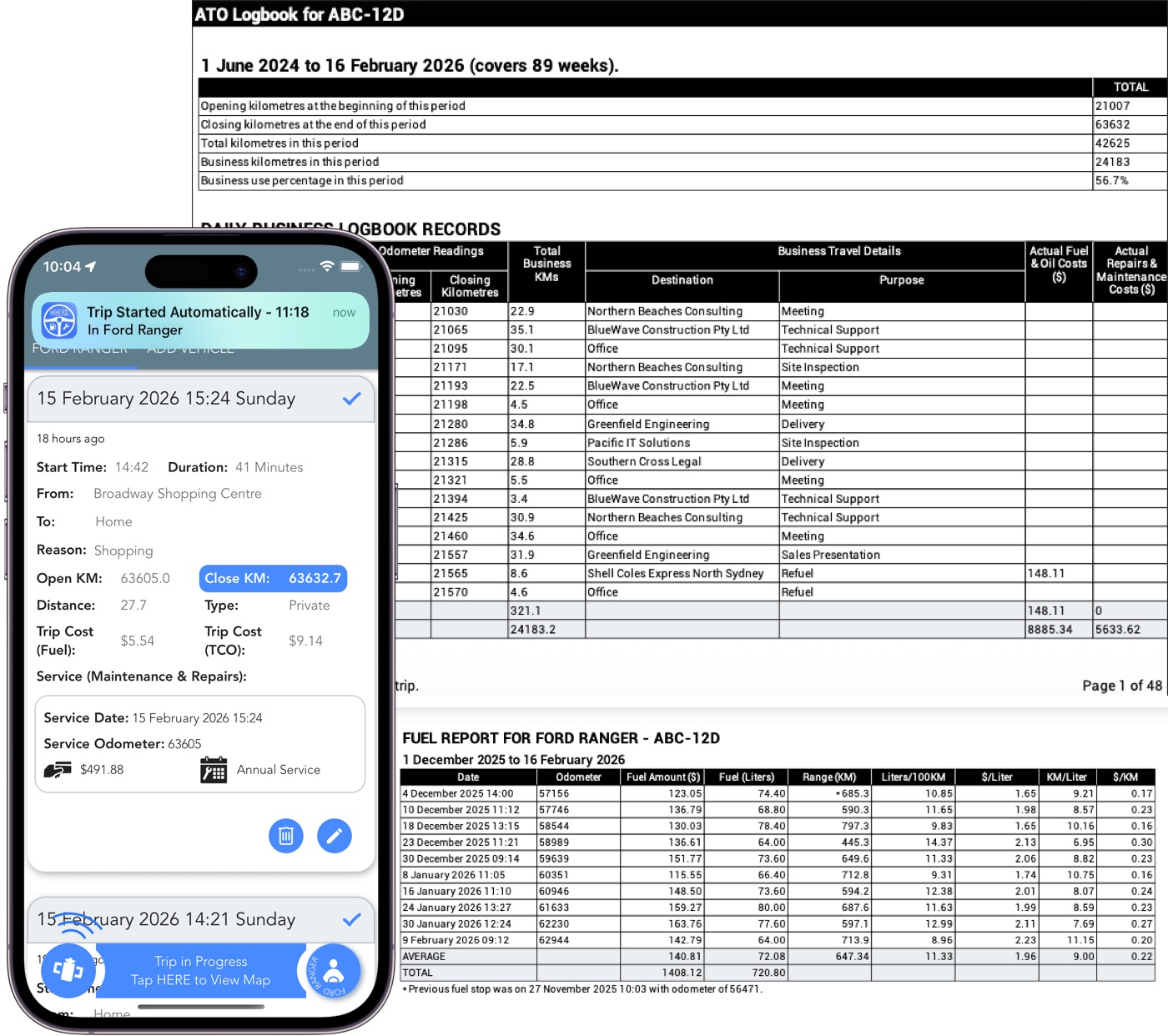 Trips logged by the Trip Logbook App reflecting the required ATO Logbook journey details.