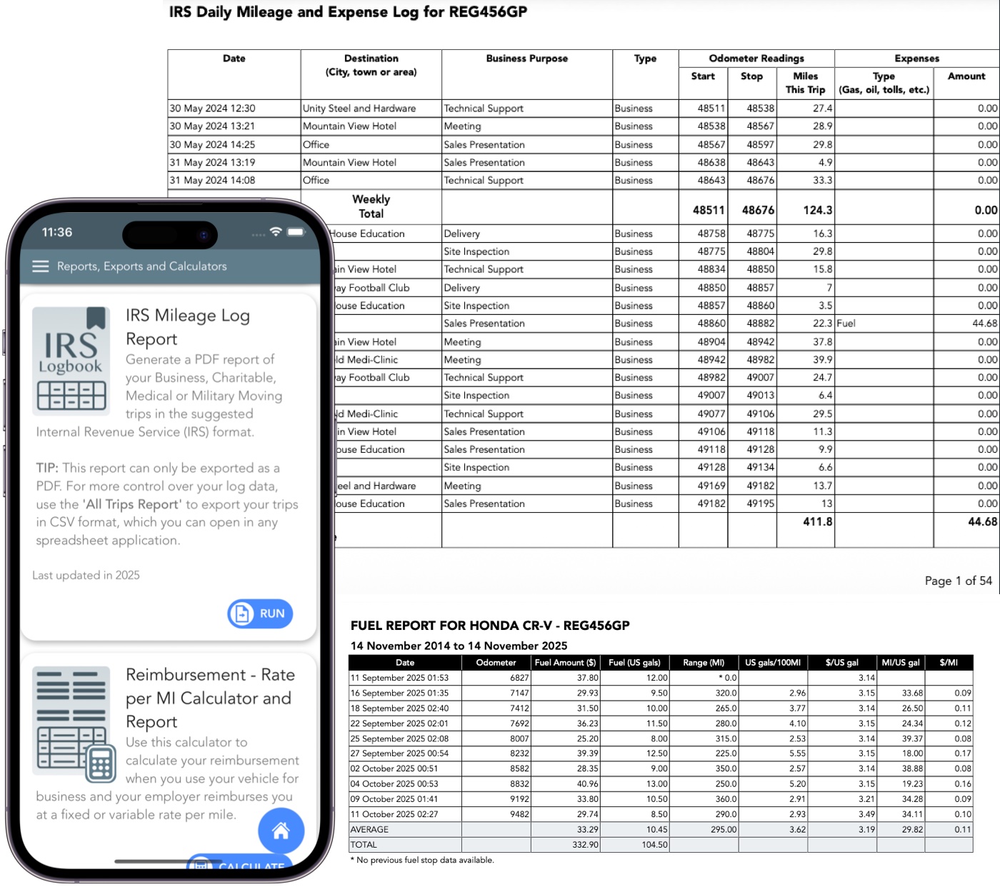 IRS compliant mileage log screen from Trip Logbook Mileage Tracker