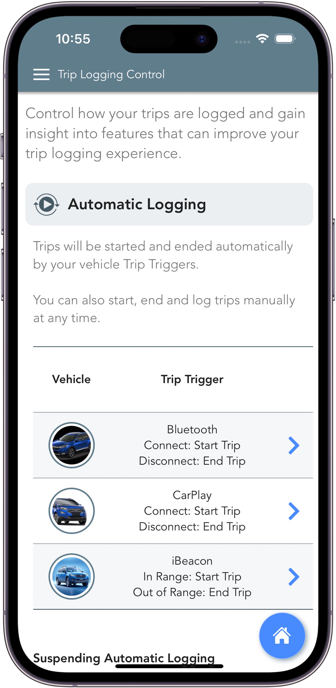 Trip Logbook App - Trip tracking and logging control screen