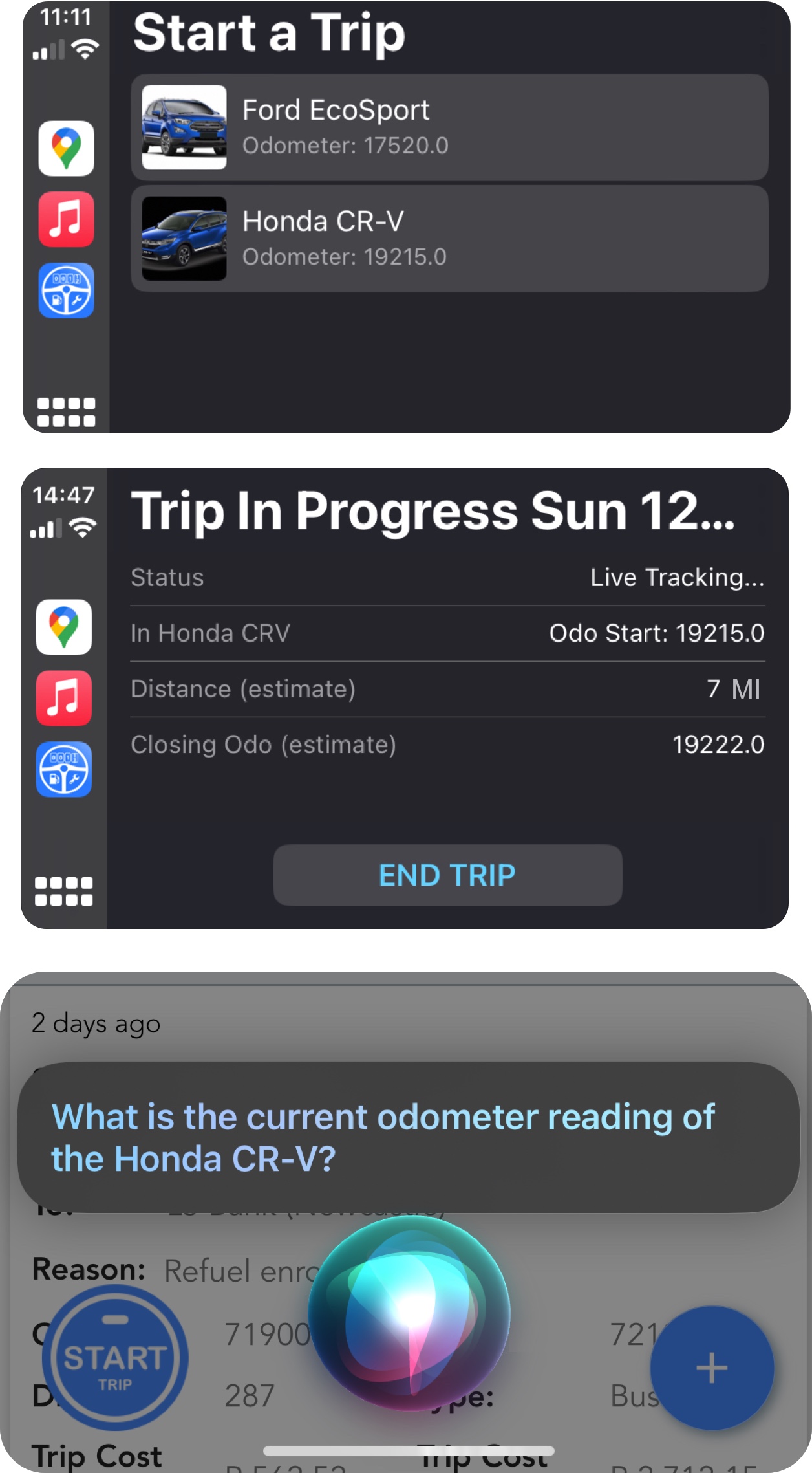 Trip Logbook mileage tracker with CarPlay and Siri voice commands