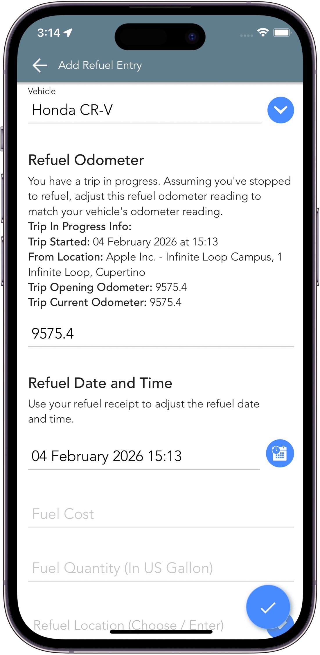 Trip Logbook Fuel Tracker App - Add Refuel Entry